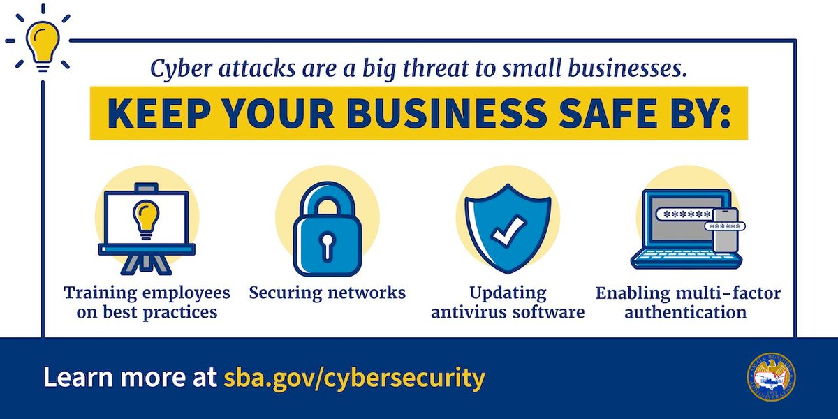 SBAgreatplains's tweet photo. Cyber attacks are a massive threat, costing billions. 💻 Keep your Midwest business safe by training staff, updating antivirus &amp; enabling MFA. Learn more at https://t.co/umNEmDHD0z #CybersecurityAwarenessMonth #MidwestSmallBiz https://t.co/G0FUsj2VKf