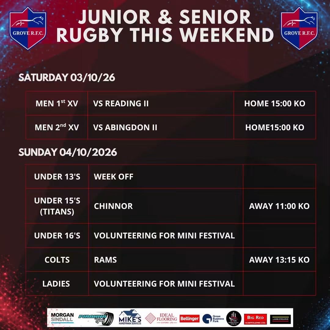 GroveRFC's tweet photo. A full weekend of rugby at Cane Lane. 
1st double header of the season for the men. 

Then Sunday we welcome teams from all over Oxfordshire and the surrounding towns to Cane Lane for your minis festival. 

Our Colts and U15s are also on the road as the carry on their seasons. https://t.co/XOBmWjGJIY