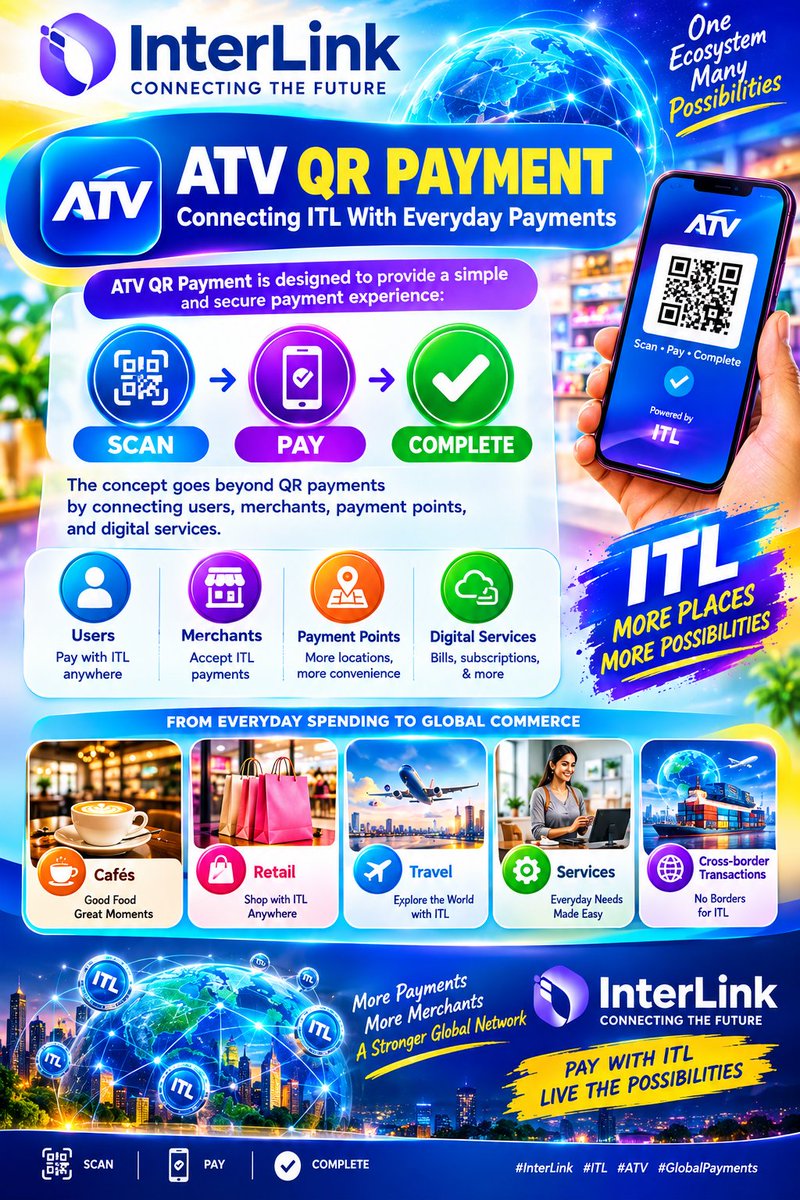 paseli51572's tweet photo. 🌍ATV QR PAYMENT
Connecting ITL With Everyday Payments
ATV QR Payment is designed to provide a simple payment experience:
📱 SCAN → PAY → COMPLETE
The concept goes beyond QR payments by connecting users, merchants, payment points, and digital services.
From ☕ cafés and 🛍️ retail to ✈️ travel, services, and cross-border transactions, ATV is designed to create more opportunities for ITL to be used in everyday commerce.
@kv_interlink 
@reina_itl 
@MaheshMagnus1 
@inter_link 
@interlinklabsas 
#interlink #itlg #itl