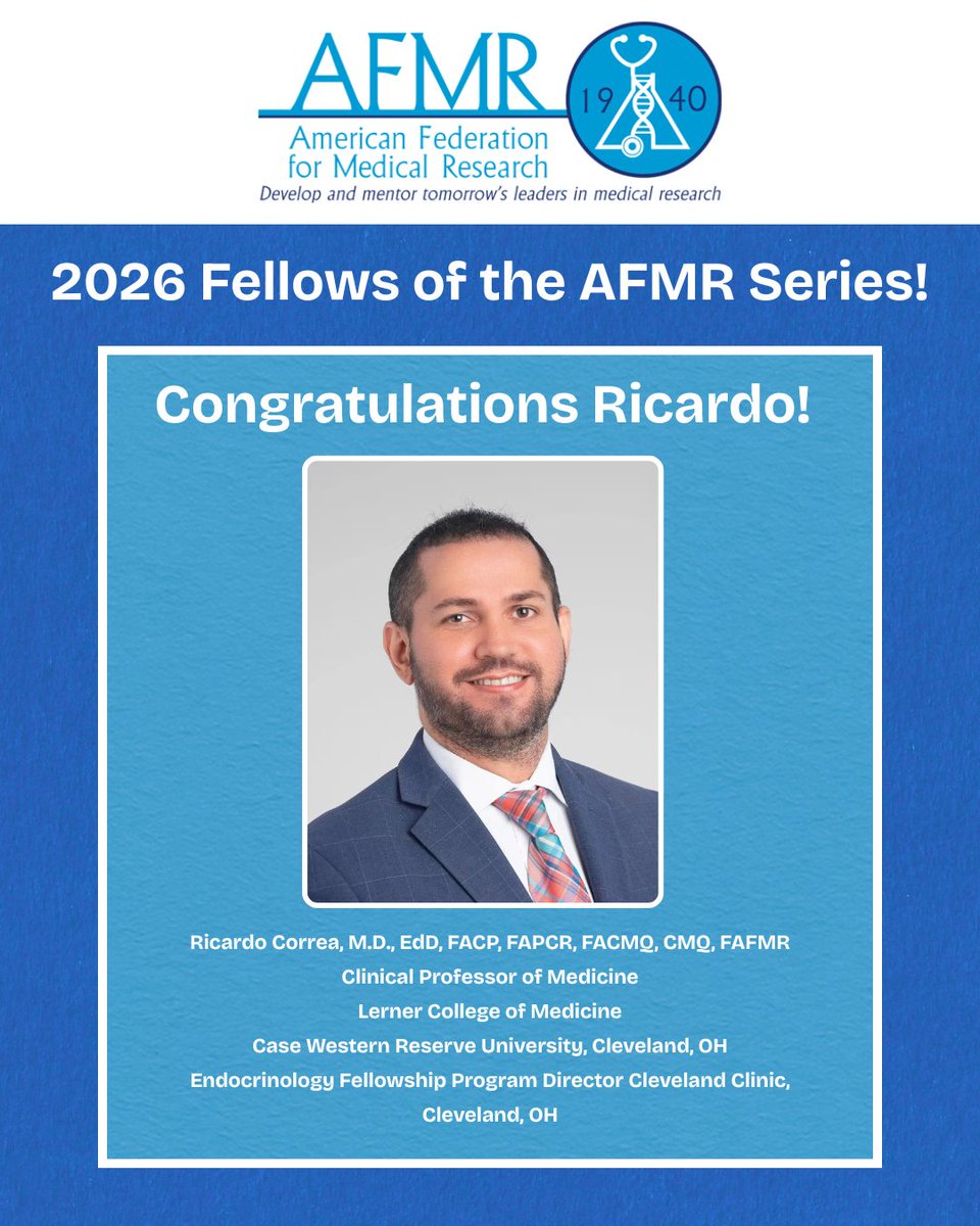 AFMResearch's tweet photo. 🎉 Congratulations to the 2026 Fellows of the AFMR!
The FAFMR designation honors outstanding contributions to research, leadership, service, and the advancement of AFMR’s mission.
Join us in celebrating Ricardo! 👏
#AFMR #FAFMR #MedicalResearch https://t.co/jEbCGELgy6