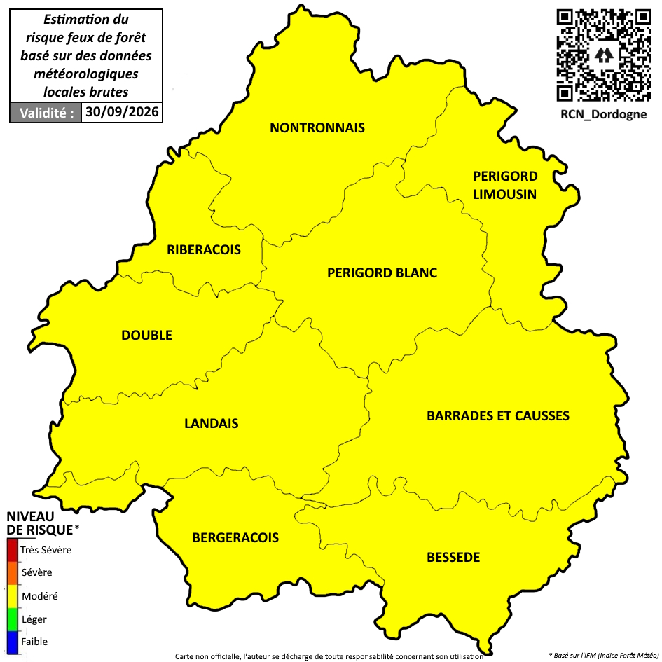 RCN_Dordogne's tweet photo. ℹ️ [PREVENTION]

🔥 Estimation* du risque #FeuxDeForêt (#IFM) par massif forestier en #Dordogne pour 24h du 29 au 30/09/2026 à 18h (16h UTC)
+ Météo des forêts Météo-France pour 48h.
#FDF2026 #EFFIS #DFCI

📲💻 Toutes vos infos : https://t.co/XXSZdJi8gq

* https://t.co/uwhaiV1eES https://t.co/nQI6vMin3E