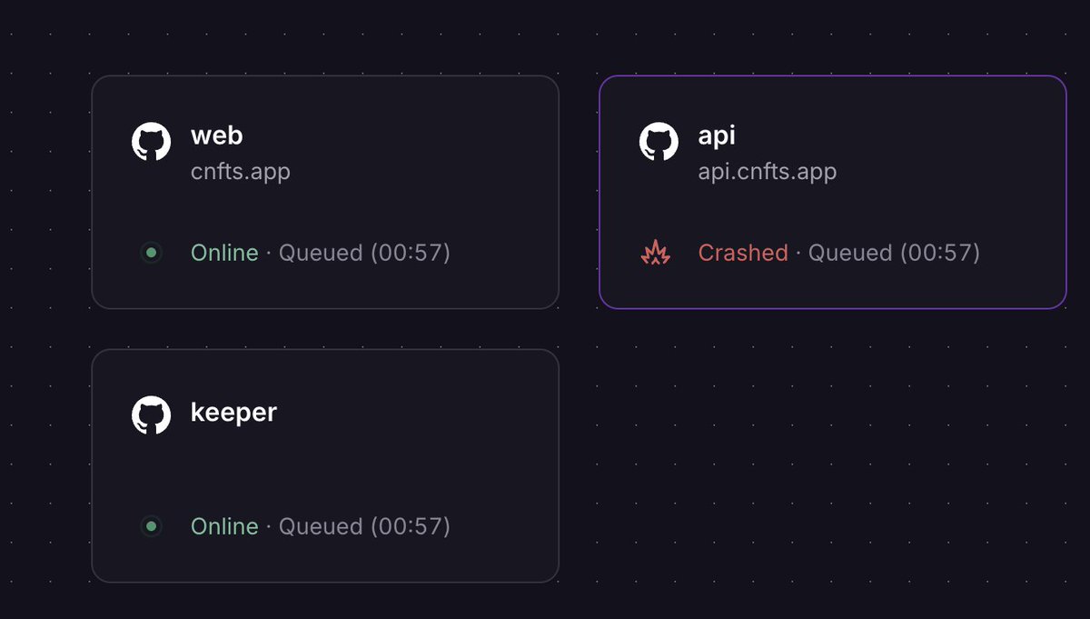 cNFTsapp's tweet photo. Holy fuck bro, yall crazy.

Our website is crashing multiple time.

Did the upgrade but still, pls fix bro @Railway 

cILLIONS. https://t.co/uB42Vc5hYJ