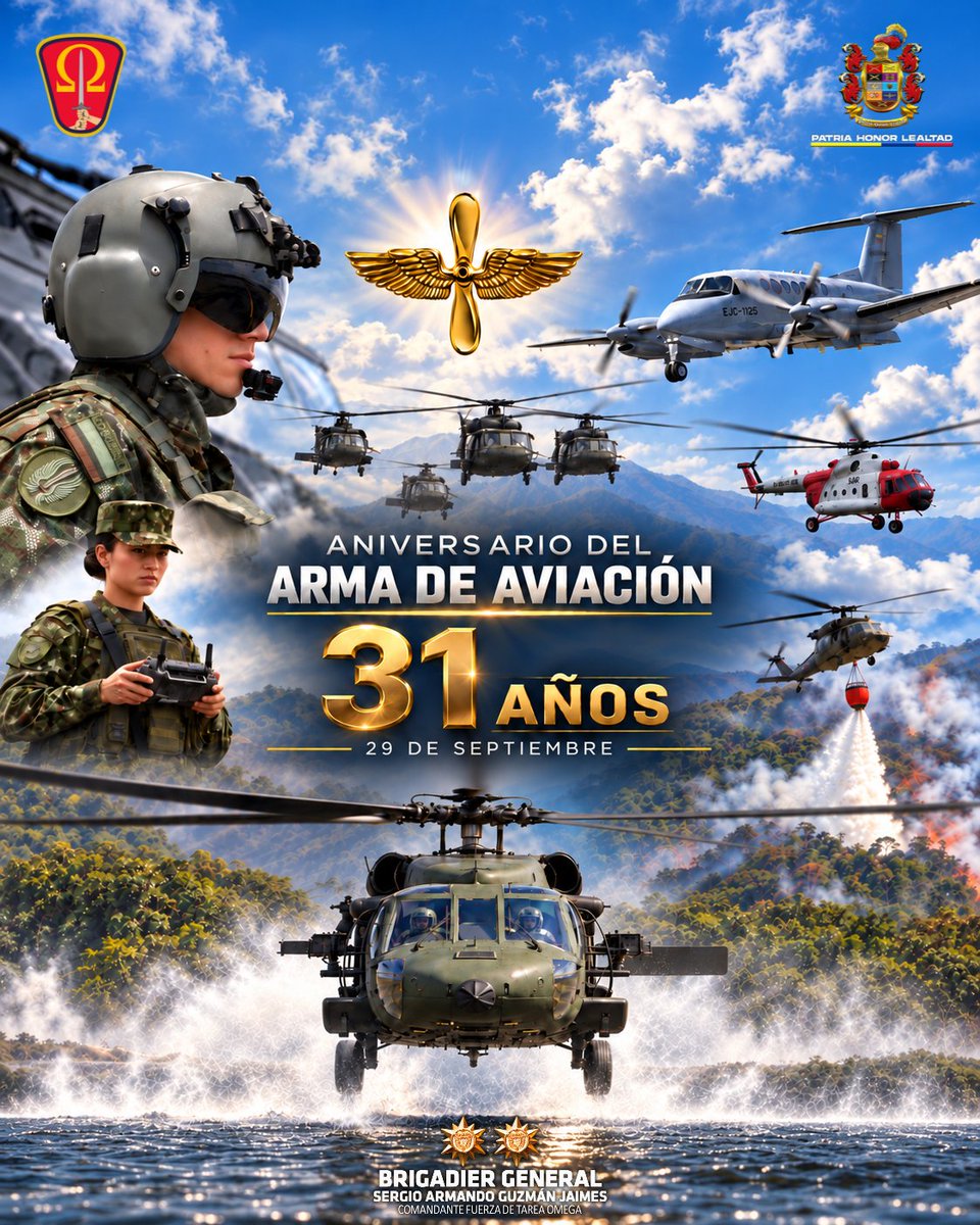 ftc_omega's tweet photo. En el 31.º aniversario del Arma de Aviación del @COL_EJERCITO, desde el Comando de la Fuerza de Tarea Omega exaltamos a las mujeres y hombres que, con disciplina, valor y profesionalismo, cumplen su misión desde los cielos de Colombia.

Su capacidad, precisión y permanente apoyo a las tropas en tierra fortalecen las operaciones militares y contribuyen a la protección de los colombianos en los territorios más apartados del país.

A quienes hacen de cada vuelo una expresión de servicio, entrega y compromiso con la patria, ¡feliz aniversario!

¡Gloria sobre el horizonte!

#PatriaHonorLealtad