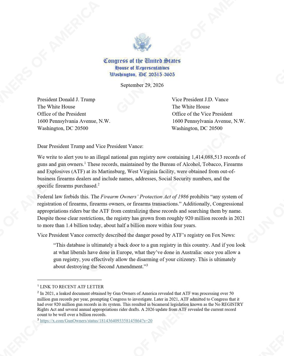 GunOwners's tweet photo. 🚨BREAKING🚨

24 Congressmen just sent an urgent message to @POTUS &amp; @JDVance:

"We write to alert you to an illegal national gun registry now containing 1,414,088,513 records of guns &amp; gun owners... We ask for your decisive leadership to end this registry." https://t.co/xhzF0xs2MG