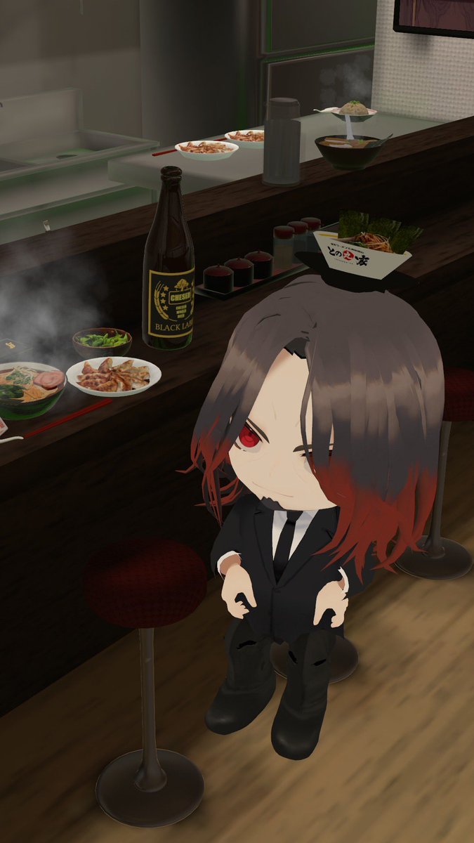F02_mi17's tweet photo. 配信に向けてvroidで爆速で作ったミニ新弟さん(頭にラーメン)
配信はラーメンじゃなかったけど(とても楽しかった🚗)、朝のスペースからラーメンデーだった。
またラーメンシュミレーターの実況が来た時に(先取りラーメン🍜) https://t.co/pTQq0QouaF