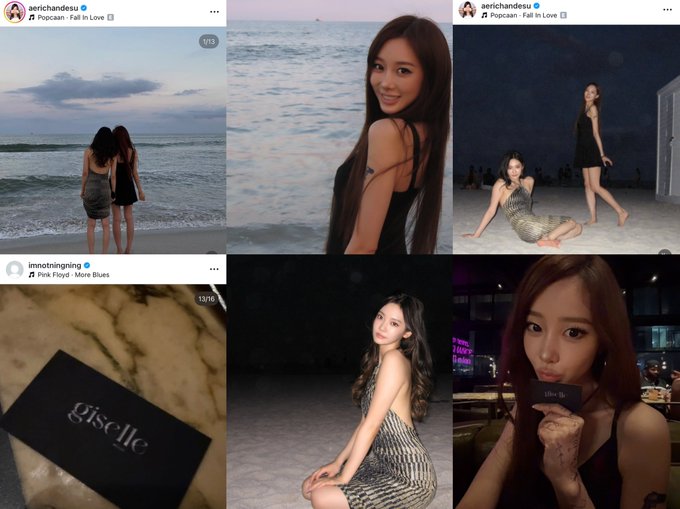 A collage of Instagram posts featuring women in elegant dresses at the beach and events, including users "aerichandesu" (Popcorn - Fall in Love) and "imnottingring" (Pink Floyd - More Blues), with a card labeled "giselle".