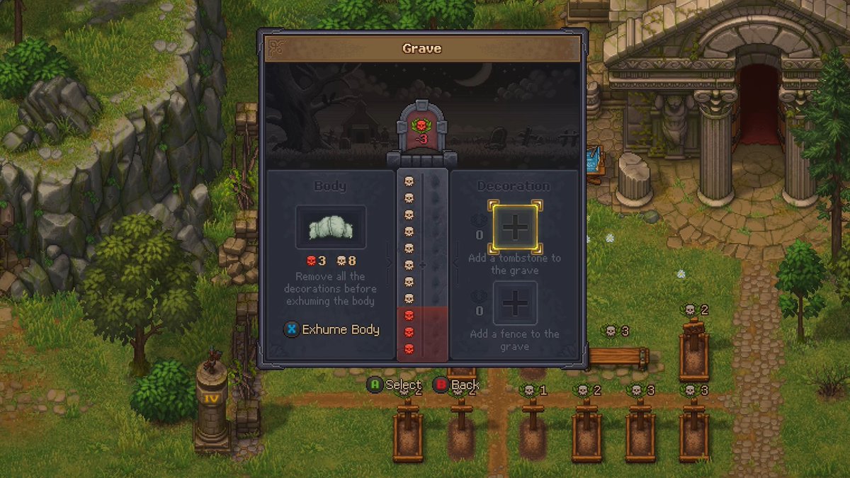 A "Grave" menu is open in Graveyard Keeper 2, showing a buried body with 3 skulls and 8 bones, alongside empty slots to add a tombstone or fence to the grave. Below the menu, several burial plots with skull icons and numbers (1, 2, 2, 3, 3, 3) line a path leading toward a stone archway, reinforcing the post's nod to the series' enduring burial-management gameplay.