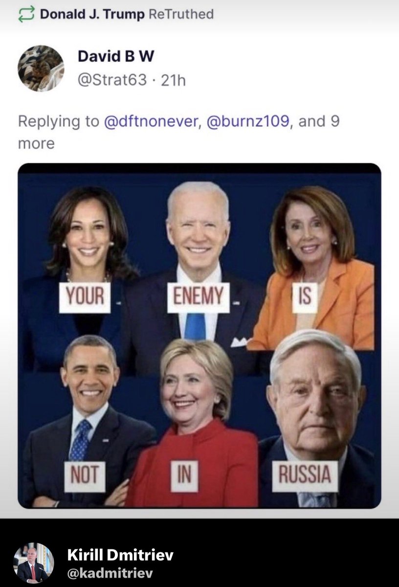 RealMdlReport's tweet photo. 🚨🇺🇸🇷🇺 M. @kadmitriev partage une image disant : « Votre ennemi ne se trouve pas en Russie. »

🇷🇺 LA RUSSIE N’EST PAS L’ENNEMI…

👉👀 Cette image a également été RETRUTHÉE par PR DJT.

WWG1WGA 🇺🇸🇷🇺🙏 https://t.co/syU4Oo6Gtr