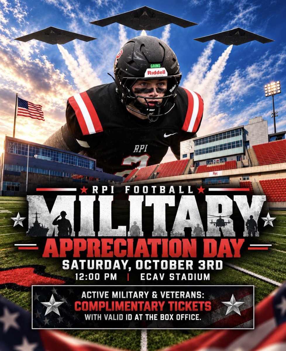 RPIFootball's tweet photo. 🇺🇸 MILITARY APPRECIATION DAY 🇺🇸

🏈 Saturday, October 3rd
⏰ 12:00 PM
📍 ECAV Stadium

🎟️ Active military members &amp; veterans receive a complimentary ticket with valid ID at the box office. 

#REDFAM #d3fb #TEAM140 #militaryappreciation https://t.co/UxdztRZilD
