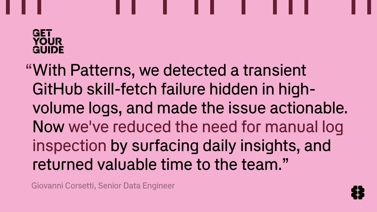 braintrust's tweet photo. GetYourGuide is the online marketplace for finding fun activities around the world. Patterns surfaced a failure buried in their logs and made it actionable.

Try Patterns → https://t.co/NJqaSj9lZ4 https://t.co/SKs3EFgK1T