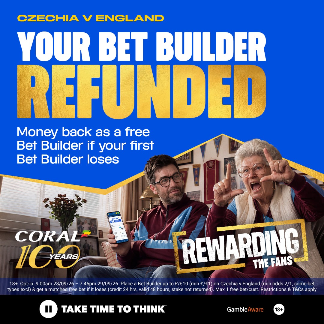 Coral's tweet photo. Czechia v England Bet Builder Refund! 🏴󠁧󠁢󠁥󠁮󠁧󠁿

Opt in and get your first Bet Builder refunded as a free bet if it loses.

18+ GambleAware | T&amp;Cs apply