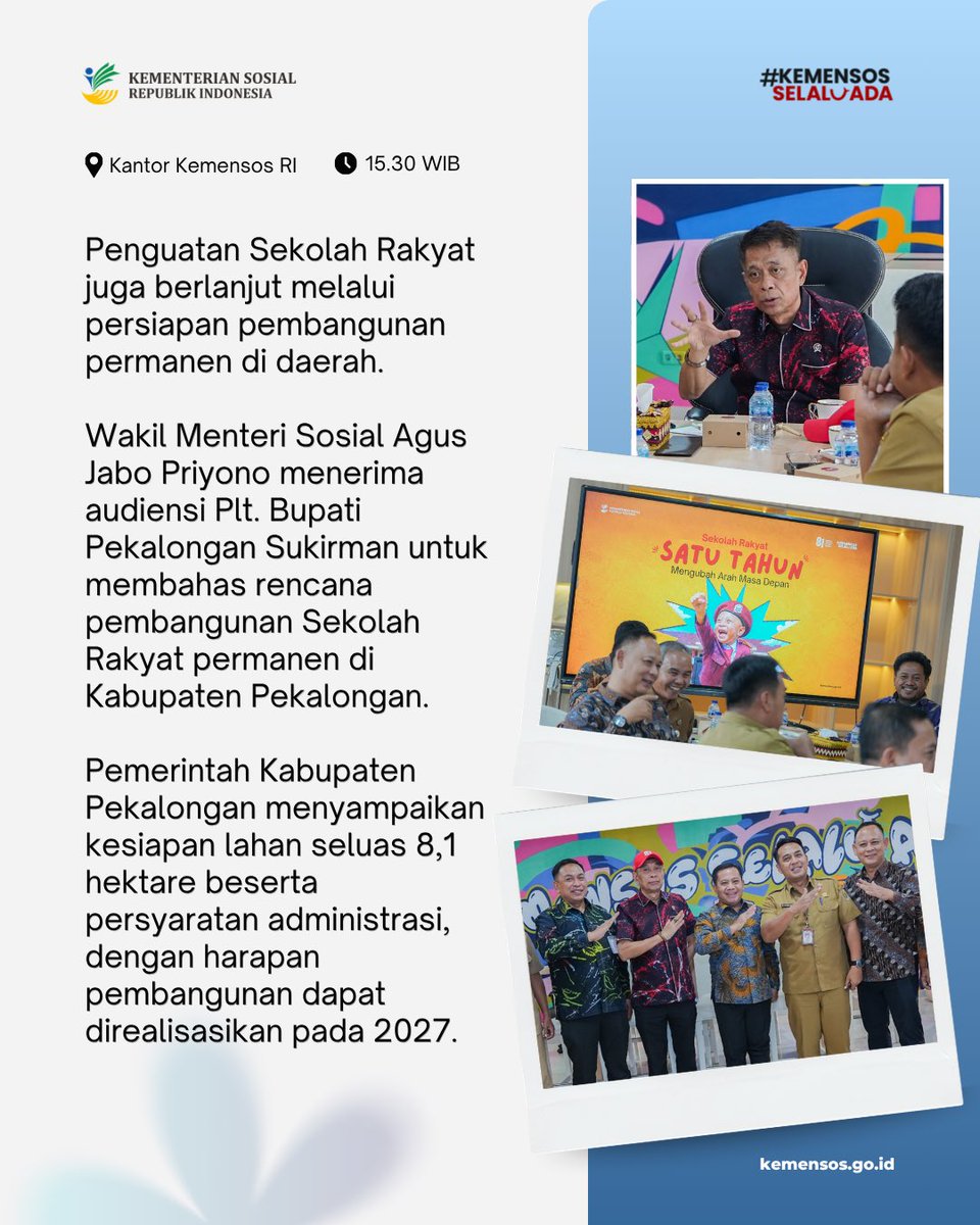 KemensosRI's tweet photo. Di #SelaluAdaKabarBaik edisi 29 September, Sekolah Rakyat terus diperkuat. 

Mulai dari membuka ruang bagi masyarakat untuk menyampaikan laporan hingga menyiapkan pembangunan sekolah permanen di daerah.

Baca selengkapnya. https://t.co/rtQhGgruAj