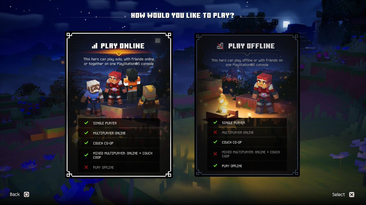 SpIinterCaI's tweet photo. I do have to point out my biggest annoyance so far with MC Dungeons 2 and it’s that you’re forced to pick between an online or offline character.

You can’t play online with an offline character or visa versa. It just feels like a weird choice to make? https://t.co/4cN34vA87s