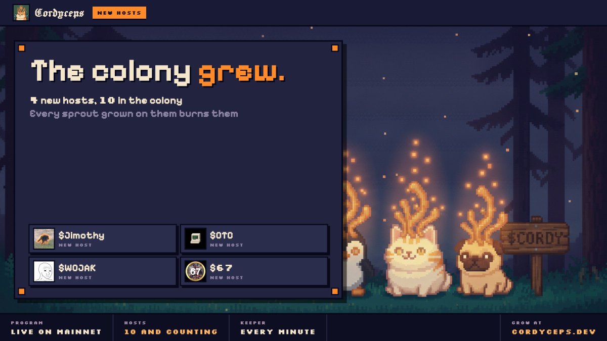 cordyceps_sol's tweet photo. The colony grew

$Jimothy, $OTC, $WOJAK and $67 are now hosts @otc_labs @WojakOnX @67coinX

10 hosts live, and every sprout grown on them burns them

Reply with your https://t.co/5M1N9TkqYW coin and we plant it next https://t.co/dZ4sbPNKqo