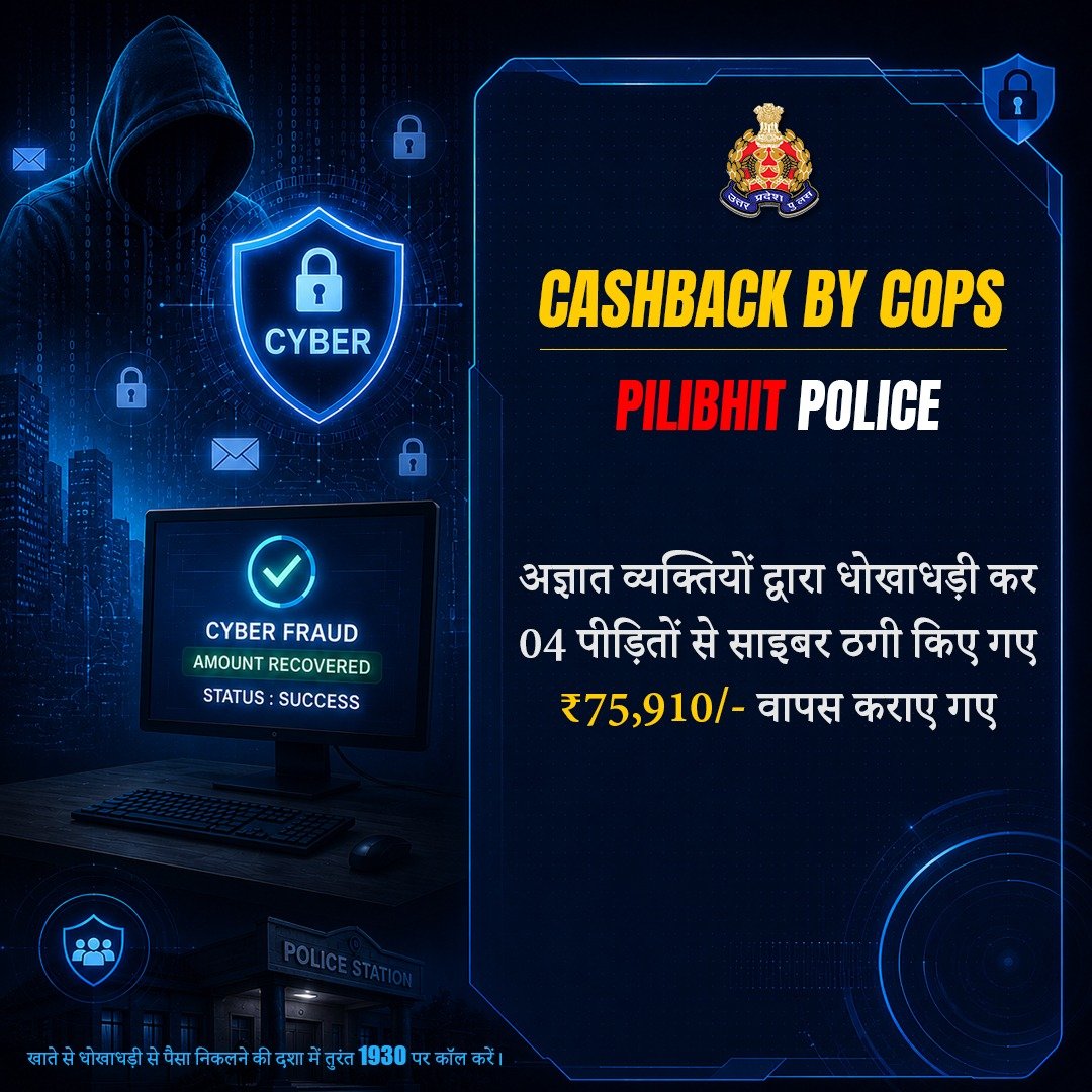 Uppolice's tweet photo. अज्ञात व्यक्तियों द्वारा विभिन्न माध्यमों से 04 पीड़ितों से साइबर ठगी किए गए ₹75,910/- @pilibhitpolice थाना कोतवाली, साइबर हेल्प डेस्क द्वारा पीड़ितों को वापस कराए गए।

खाते से धोखाधड़ी से पैसा निकलने की दशा में तुरंत 1930 पर कॉल करें या https://t.co/W7HzGMfw1t पर शिकायत दर्ज करें।  

#UPPCracksCyberCrime 
#UPAgainstCyberCrime 
#CyberSafeUP