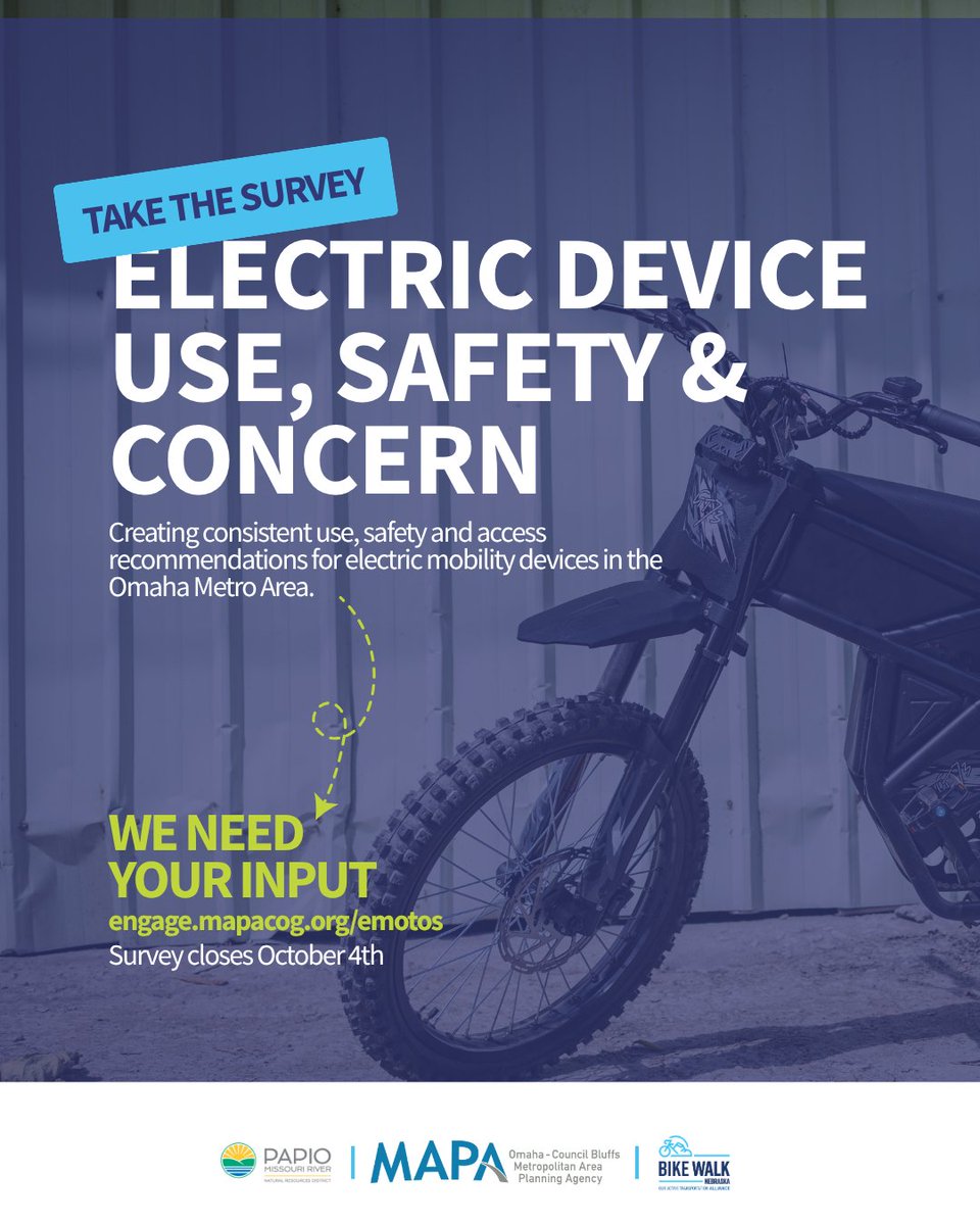 mapacog's tweet photo. Survey Closes 10/4:  Give insight on use, safety &amp; access for electric mobility devices in Omaha metro area of MAPA region.  MAPA, @BikeWalkNE &amp; @PapioNRD's EMoto Policy Planning Project to create consistent recs to address safety concerns &amp; usage. https://t.co/XM6zbzE7FZ https://t.co/A9xaZsROtw