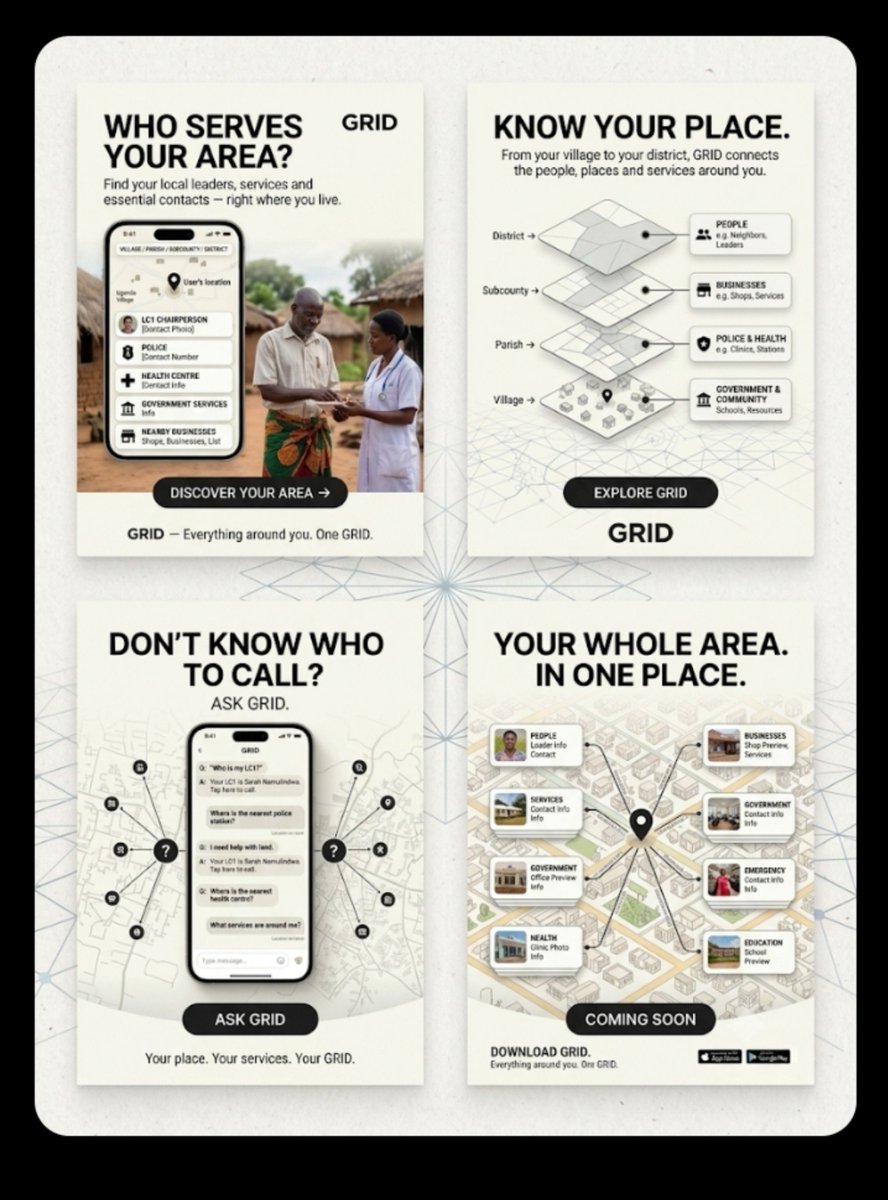 Kyambadde___'s tweet photo. I’m building GRID for Uganda 🇺🇬
​Imagine opening one app &amp; instantly seeing your LC1, local police, health centres, businesses &amp; parish services connected to where you are.
​What’s one thing about your area you wish you could find instantly?
​Everything around you. One GRID. https://t.co/2dQnKaLzT0