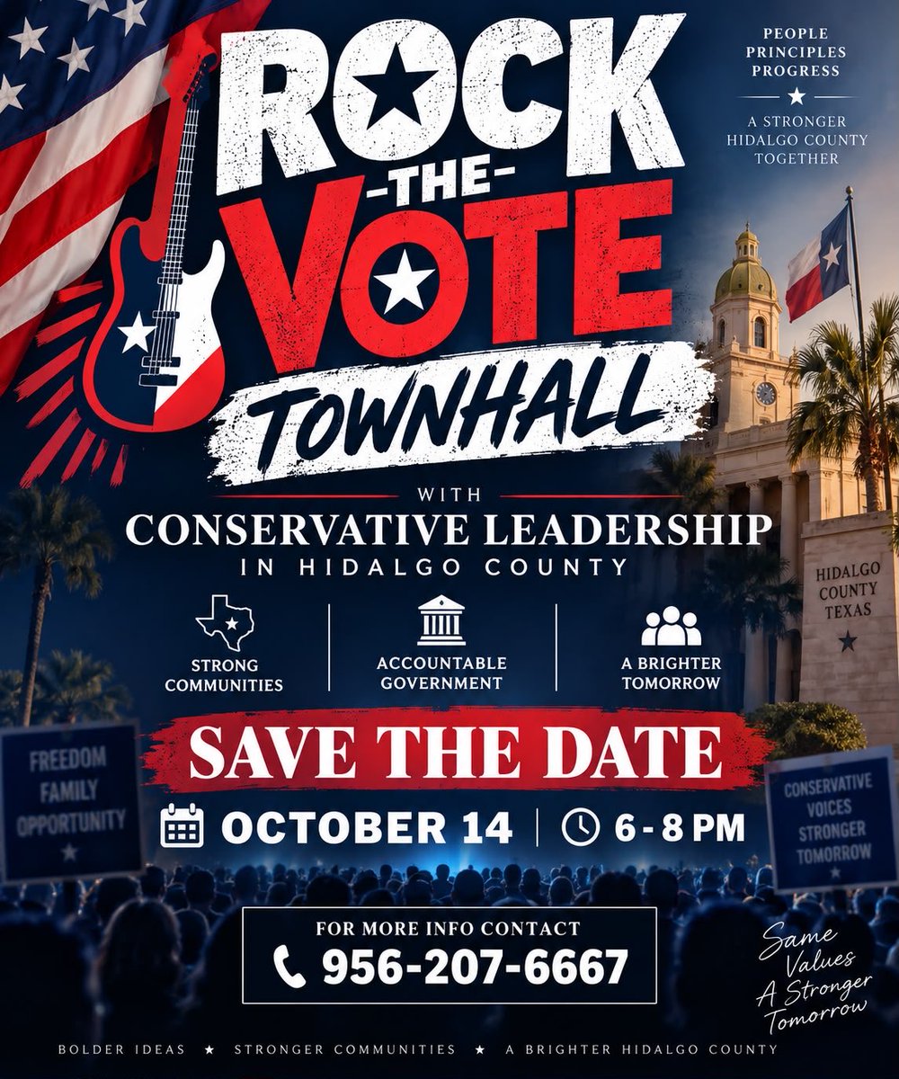 Mari4HidalgoCo's tweet photo. As we get ready for Election Day join us for a Hidalgo County Conservative Leadership Townhall Rock the Vote! We look forward to meeting you soon! More details to follow. #electmarideleon #princessannfortreasurer #lydiafordistrictattorney #ronmcveyforjp #hidalgocounty https://t.co/Fsr0r54Yj4