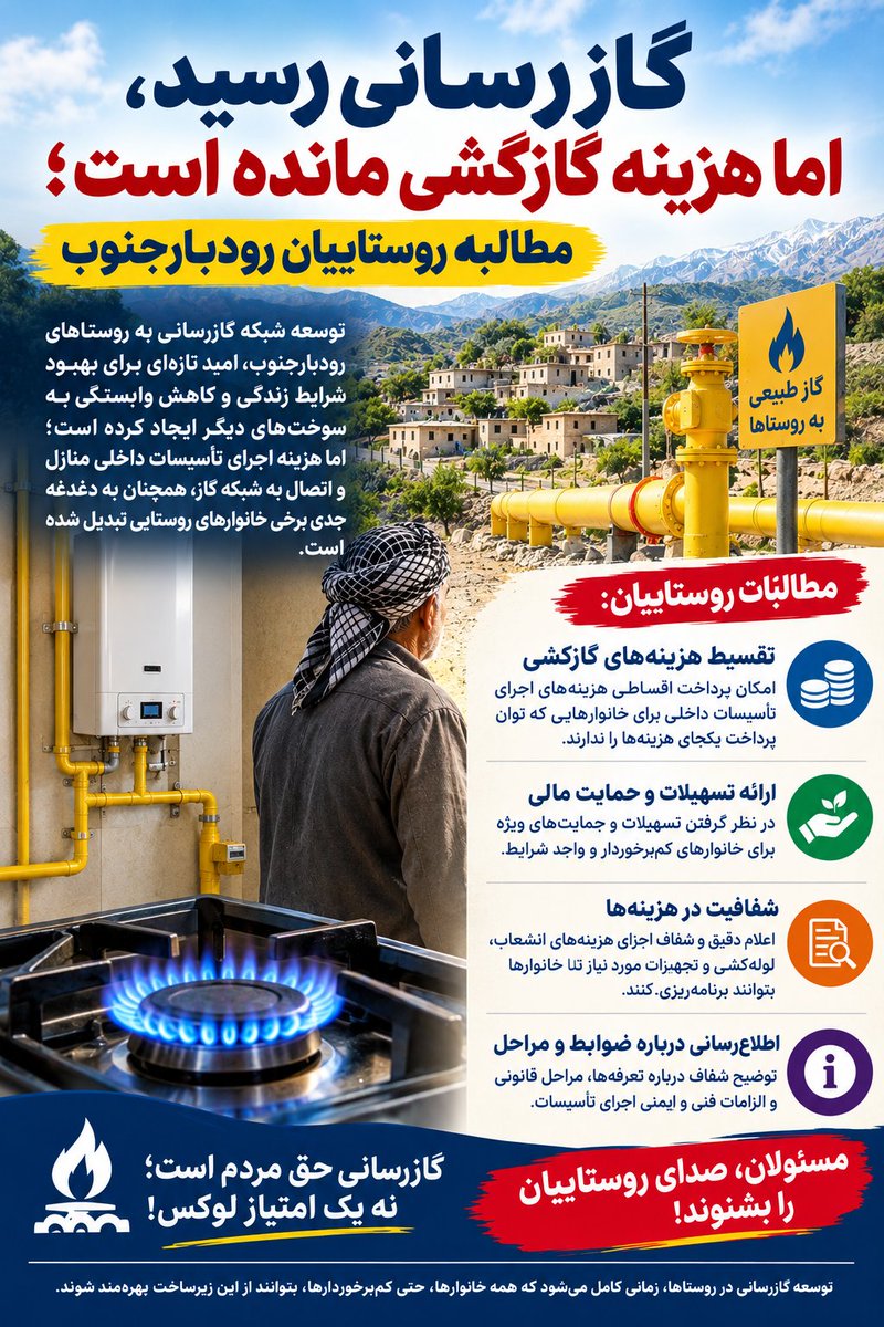 roodbarma's tweet photo. گاز رسید، اما هزینه گازکشی مانده است.
این مطالبه را بازنشر کنید تا صدای مردم رودبارجنوب شنیده شود.

#خواست_مردم 
#برای_مردم https://t.co/vXYReKeOOk