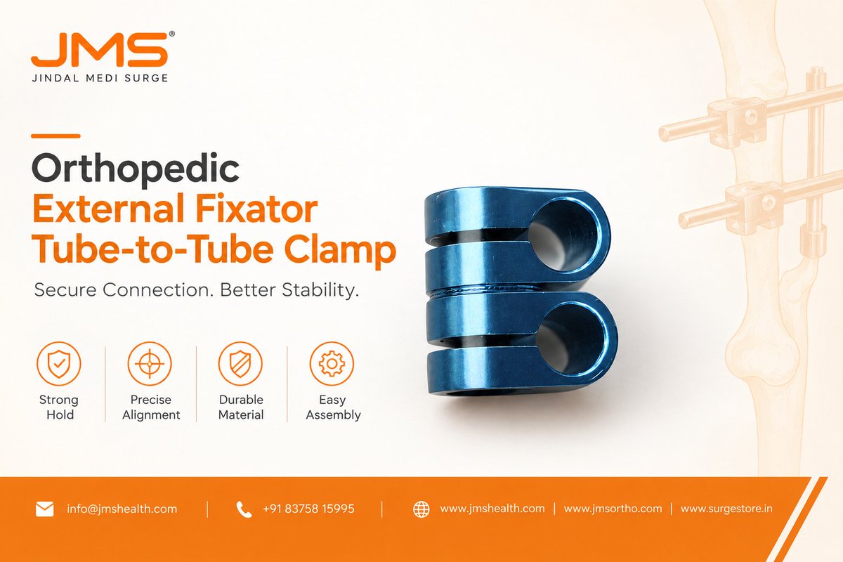JindalMediSurge's tweet photo. #ExternalFixator #TubeToTubeClamp #ExternalFixation #OrthopedicImplants #OrthopedicInstruments #ExternalFixatorClamp #OrthopedicDevices #TraumaImplants #OrthopedicSurgery #OrthopedicManufacturer #JindalMediSurge #JMS #OrthopaedicDevices #TraumaSurgery https://t.co/NPBR8WUIyc