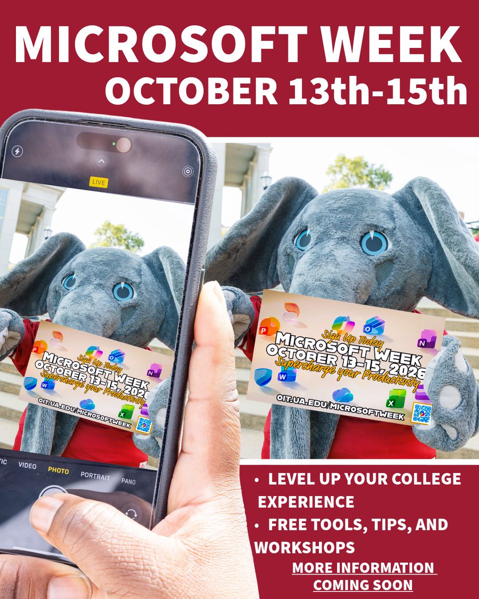 OITatUA's tweet photo. Your semester just got an upgrade! Microsoft Week is October 13th-15th. Sign up today! https://t.co/TYNsyQ1HcG