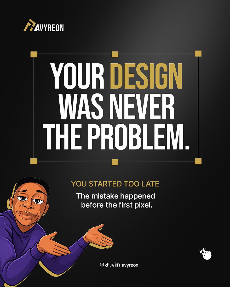 Avyreon's tweet photo. You didn’t need another design. You needed a reason for it to exist.
Aesthetics can disguise a weak idea but they can’t rescue one.
At Avyreon, we question the idea before touching the pixels
No direction? Don’t design yet.
What should your brand make people understand?
@Avyreon https://t.co/IVUequFs8f