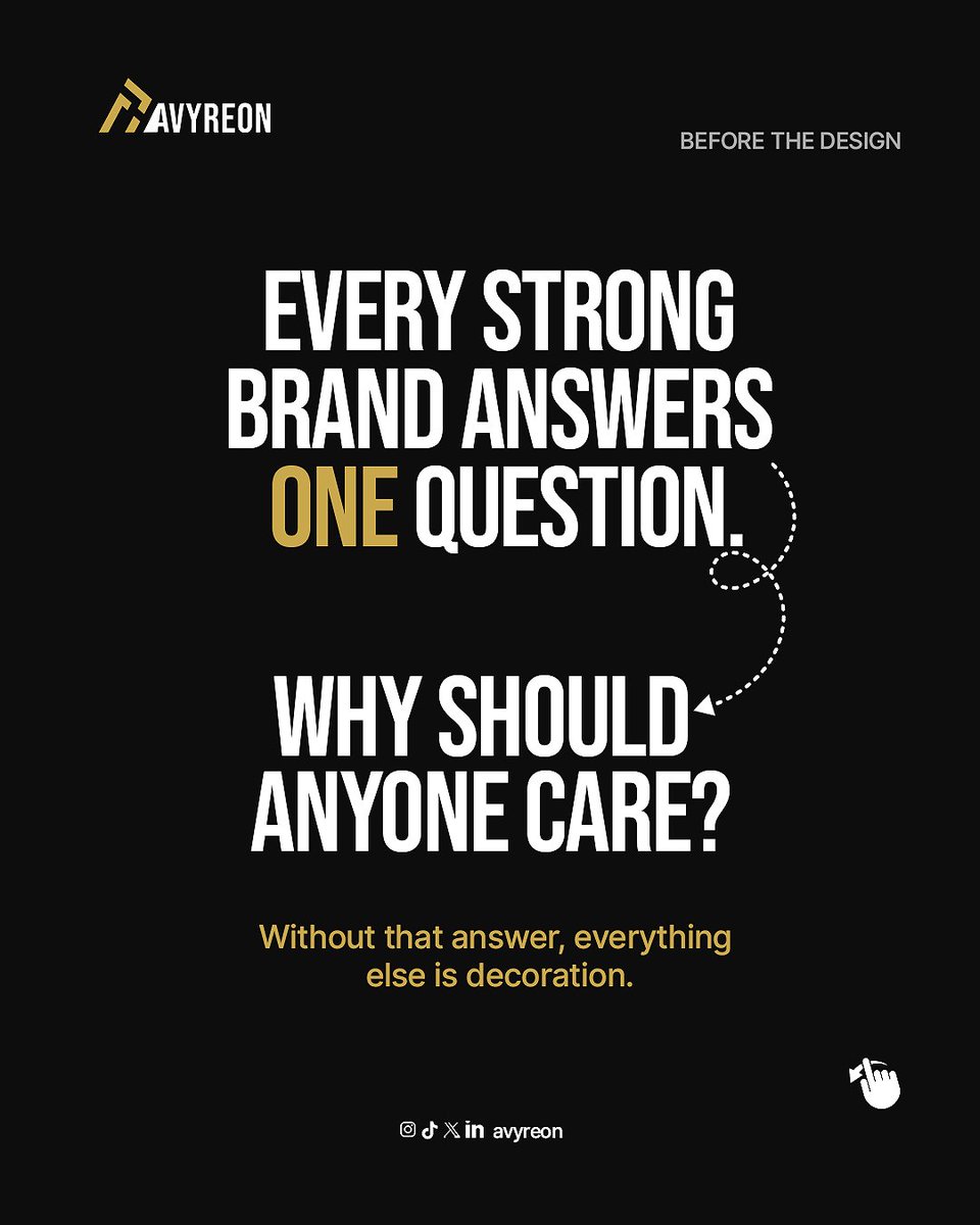 Avyreon's tweet photo. You didn’t need another design. You needed a reason for it to exist.
Aesthetics can disguise a weak idea but they can’t rescue one.
At Avyreon, we question the idea before touching the pixels
No direction? Don’t design yet.
What should your brand make people understand?
@Avyreon https://t.co/IVUequFs8f