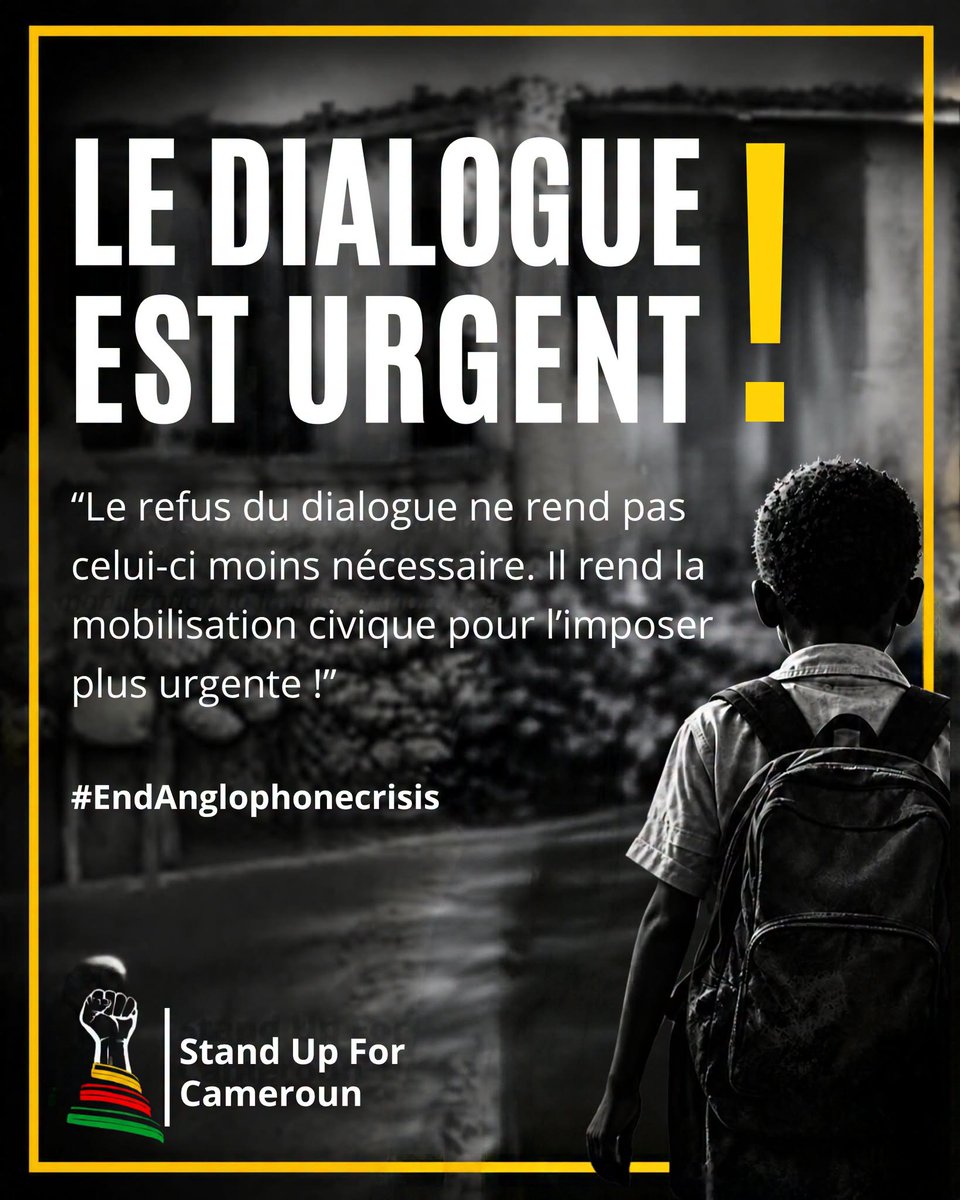 Stand4Cameroon's tweet photo. Stand Up For Cameroon continue de militer pour un véritable dialogue inclusif et sincère qui permettra de trouver les solutions concrètes et durables à cette guerre qui n'a que trop duré.
#EndAnglophoneCrisis https://t.co/2wbniaGouu