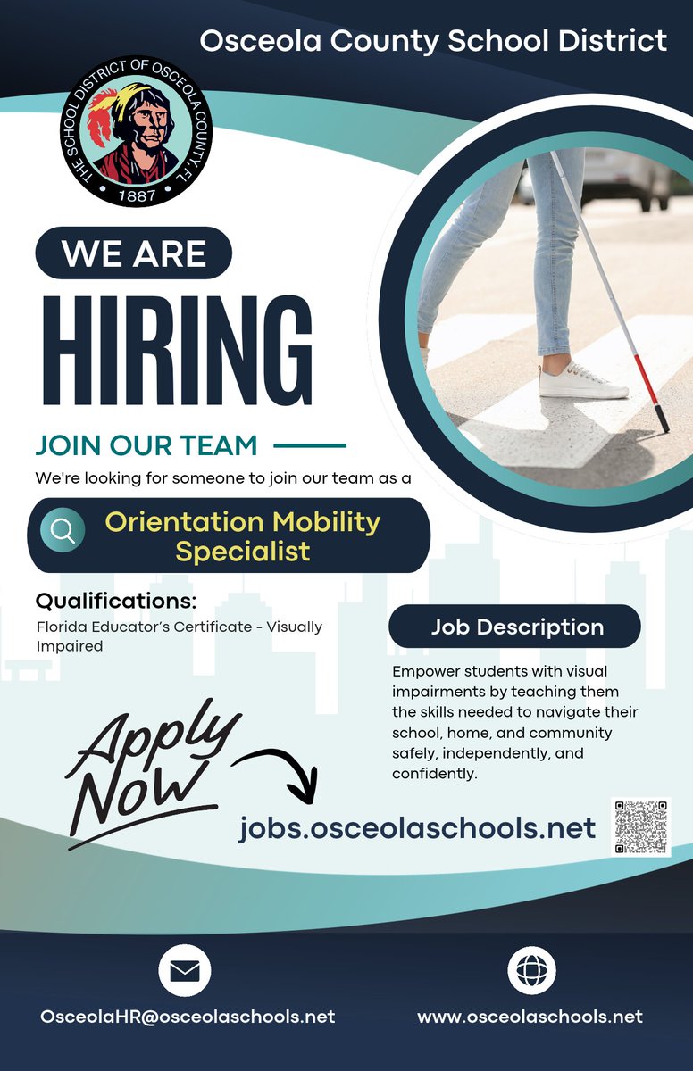 SDOC_Careers's tweet photo. Make a meaningful impact every day! We're seeking a certified Orientation &amp; Mobility Specialist to empower students with visual impairments to navigate their world with confidence and independence.

Apply here: https://t.co/lWDP5LEhiA

#WeAreSDOC @Osceolaschools https://t.co/XOZnSrnsGv