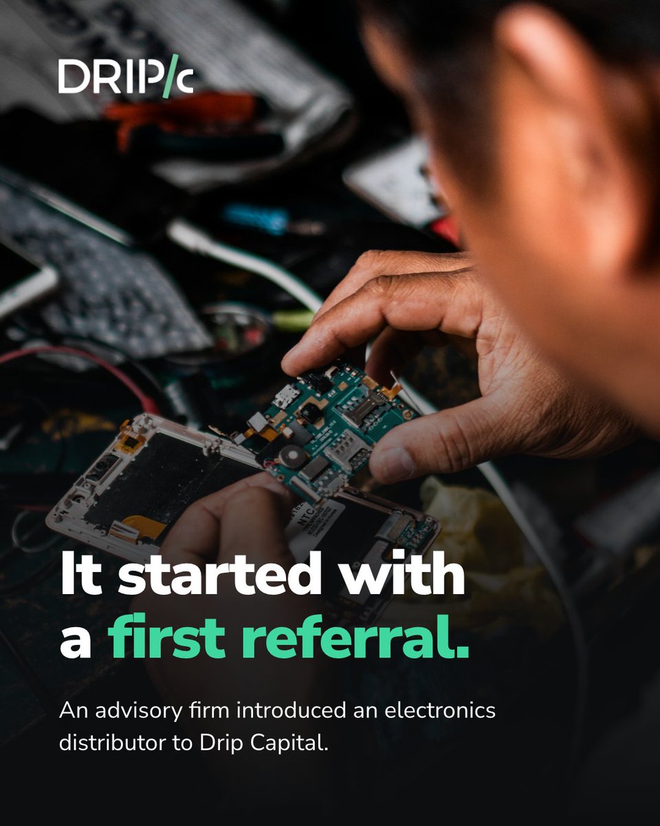 DripCapital_Inc's tweet photo. An advisory firm’s first referral to Drip Capital was an electronics distributor looking to finance inventory.

That introduction led to a $1 million credit facility, with funds following within days of signing. Throughout the process, our team stayed in touch with the referring partner.

A first deal, and a working relationship to build on.

Read more about our channel partner program: https://t.co/vUr9TSDjZZ