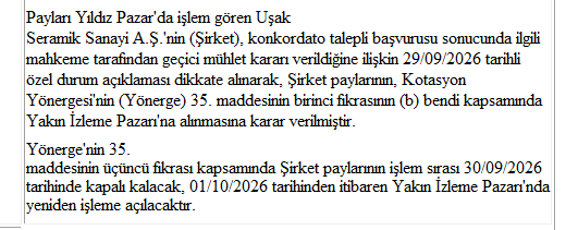 taaardu's tweet photo. 🚨#USAK Borsa İstanbul'da işlem gören Uşak Seramik konkordato ilan etti. Şirket payları 30 Eylül'de işlem görmeyecek. 1 Ekim'de ise Yakın İzleme Pazarı'na alınacak. https://t.co/UBBN6oN0Yh