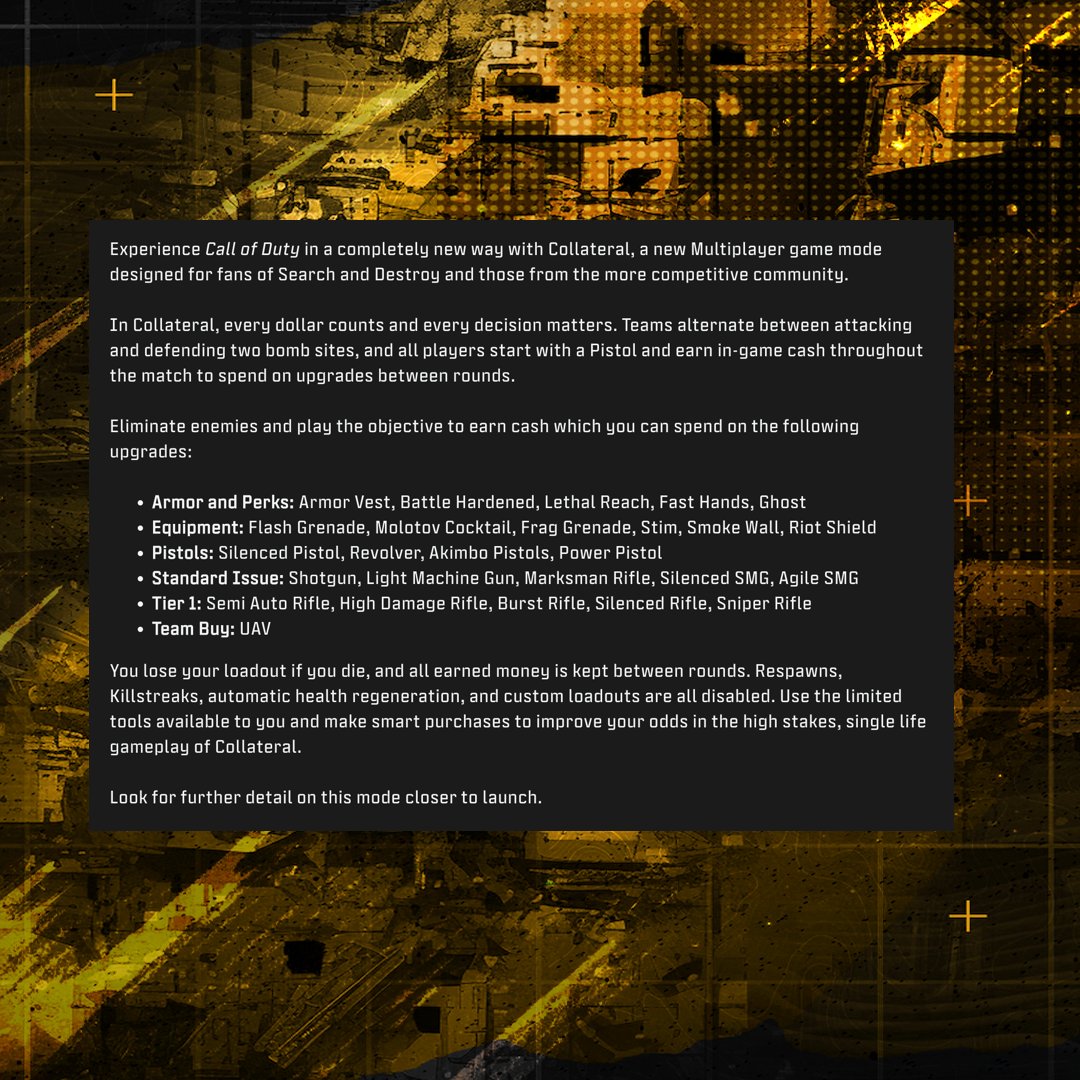 charlieINTEL's tweet photo. Call of Duty: Modern Warfare 4 features a brand new game mode inspired by Counter-Strike and Valorant

The new mode is called Collateral. It lets players buy items before the start of each round, maintain cash, and loadouts reset after each death. https://t.co/6Hibx7HUoZ