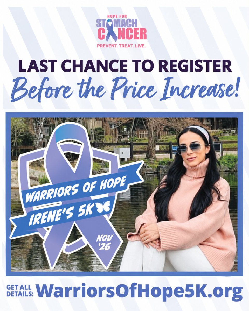StoCANcer's tweet photo. 💜 LAST CHANCE TO REGISTER BEFORE THE PRICE INCREASE!

Planning to join us for the Warriors of Hope 5K – Irene’s 5K? Register now and lock in the current registration price! Registration prices increase September 29 at 11:59 PM CDT.

🔗 Register here: https://t.co/HvXbojY7xL https://t.co/njywmTbDXV