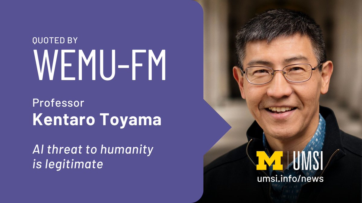 umsi's tweet photo. Should we be worried about an AI apocalypse? UMSI professor Kentaro Toyama, an expert on AI risk, says “an AI doomsday is definitely possible — if not right now, then in the near future.” Full conversation: https://t.co/1lslW92MDJ https://t.co/bWVOGqCJN9