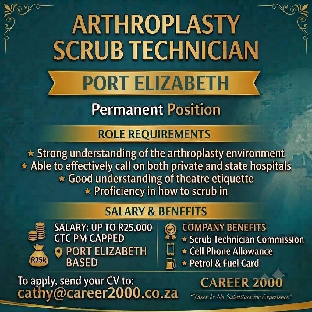 career2000's tweet photo. #hiring #portelizabeth #medicalsales #scrubtech #arthroplasty #medicaldevicesales #career2000 #recruitment https://t.co/KvR8oLMn1p