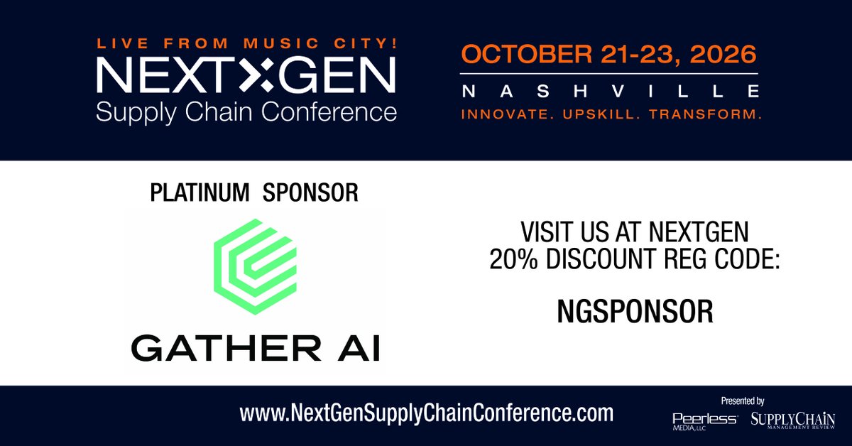 gather_ai's tweet photo. Join us at the NextGen Supply Chain Conference in Nashville, October 21–23!

Gather AI is a platinum sponsor of this year’s event and was a 2023 Solution Provider Award winner in AI. We’d love to see our community there.

Use code NGSPONSOR for 20% off registration, and come connect with our team.

Register: https://t.co/vpJxW7QVUB