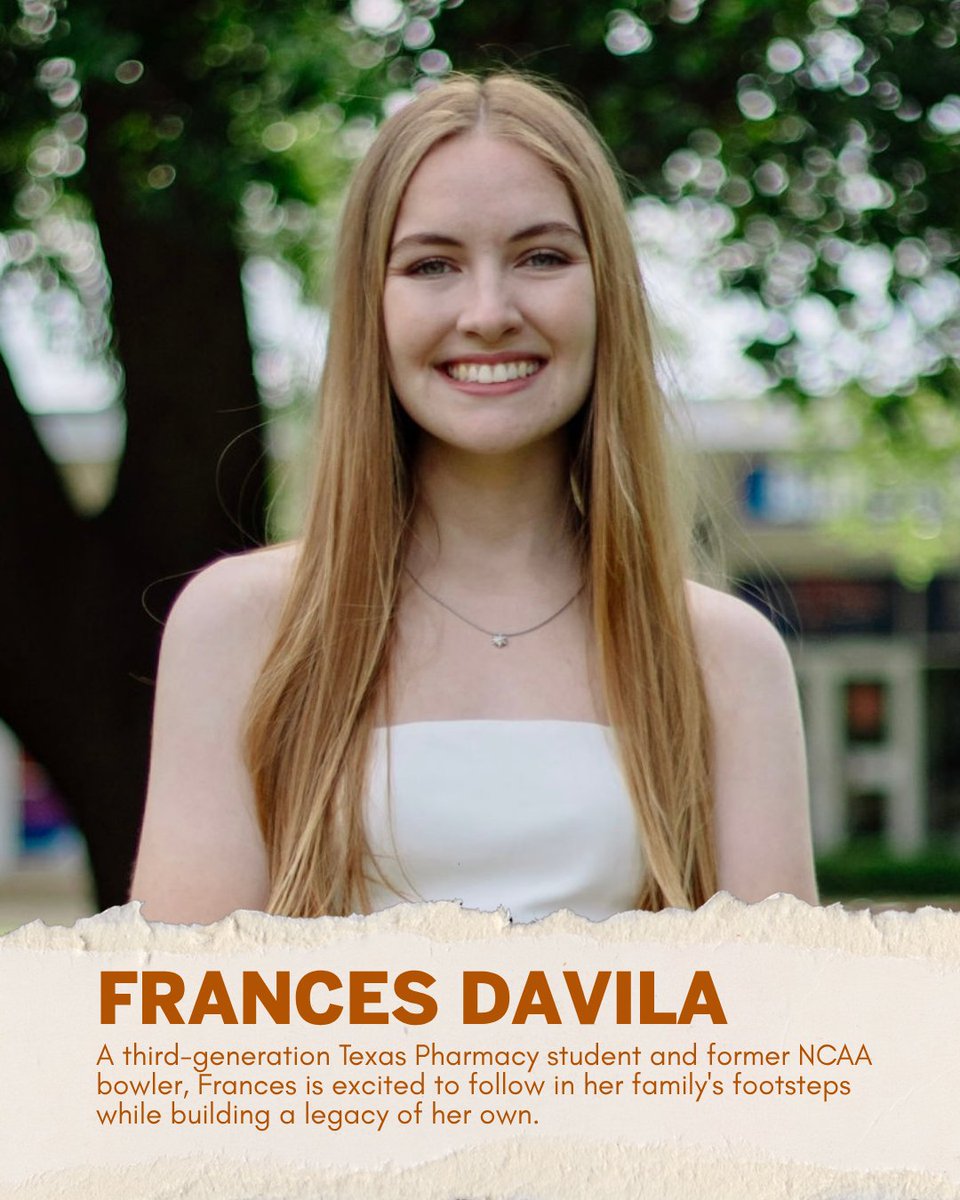 UTexasPharmacy's tweet photo. 🎳🧡 A Texas Pharmacy tradition continues! Third-gen Texas Pharmacy student Frances Davila is following in her family's footsteps while building a legacy all her own.

Get to know this former collegiate bowler and member of the Pharm.D. Class of 2030: https://t.co/5S2JAJVShw https://t.co/yHQcb7LYii