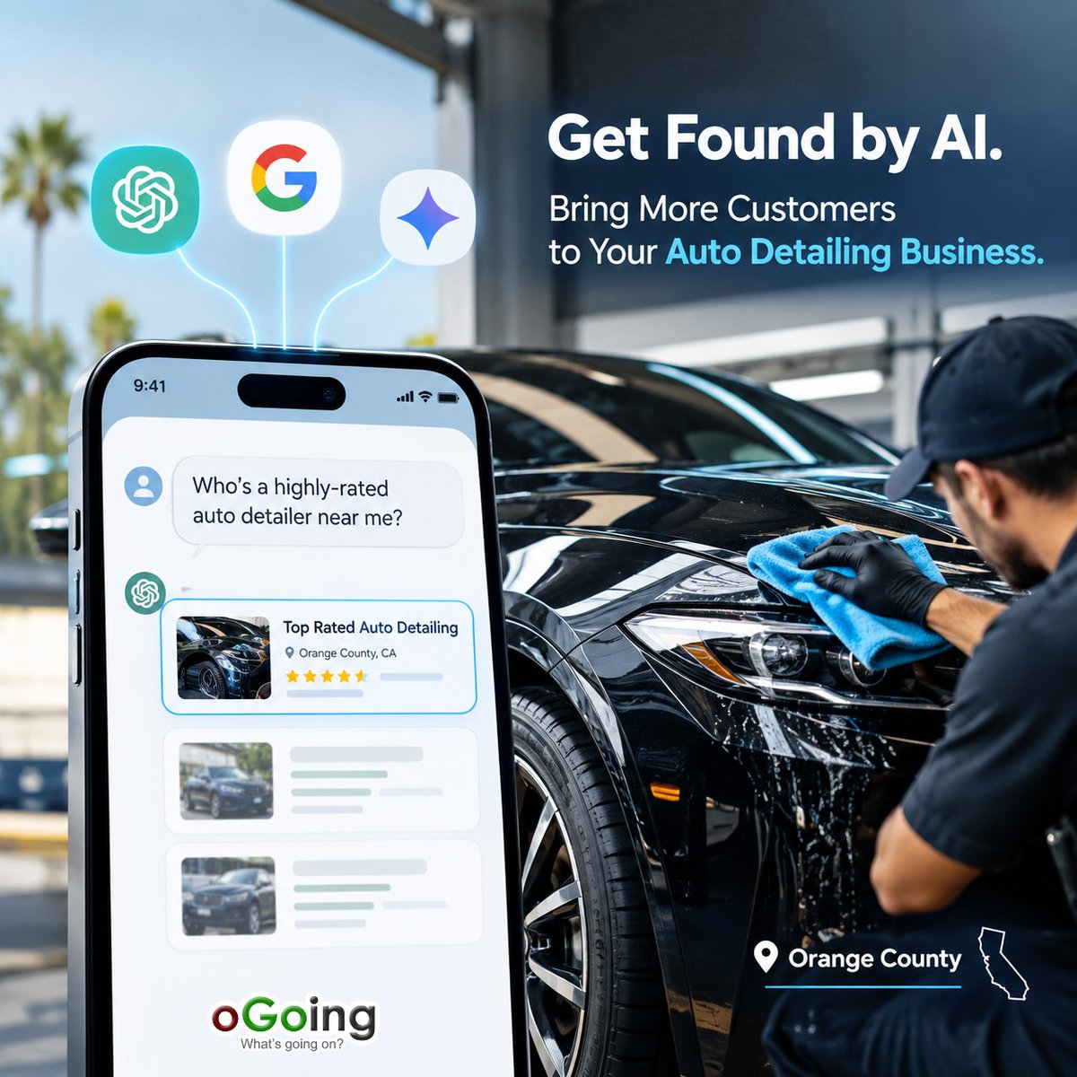 oGoing's tweet photo. Is Your Orange County Auto Detailing Business Getting Found When Customers Ask AI?

Someone in Irvine might ask ChatGPT, Gemini, or Perplexity:

“Who’s a highly-rated auto detailer near me?”

They may never see your website if AI doesn’t clearly understand your business, services, location, and reputation. And for an auto detailing business, that can mean missing customers looking for exactly what you offer — from ceramic coating and paint correction to mobile detailing.

Your business may already have great reviews and strong work to show. The next question is: does AI know about it?

See how AI sees your Orange County auto detailing business and find opportunities to improve your visibility:

👉 https://t.co/5Vt0fWXltc

#AutoDetailing #AutoDetailers #OrangeCountyBusiness #CeramicCoating #PaintCorrection #MobileDetailing #CarCare #AIVisibility #AISEO #LocalSEO #ChatGPT #SmallBusiness #BusinessGrowth