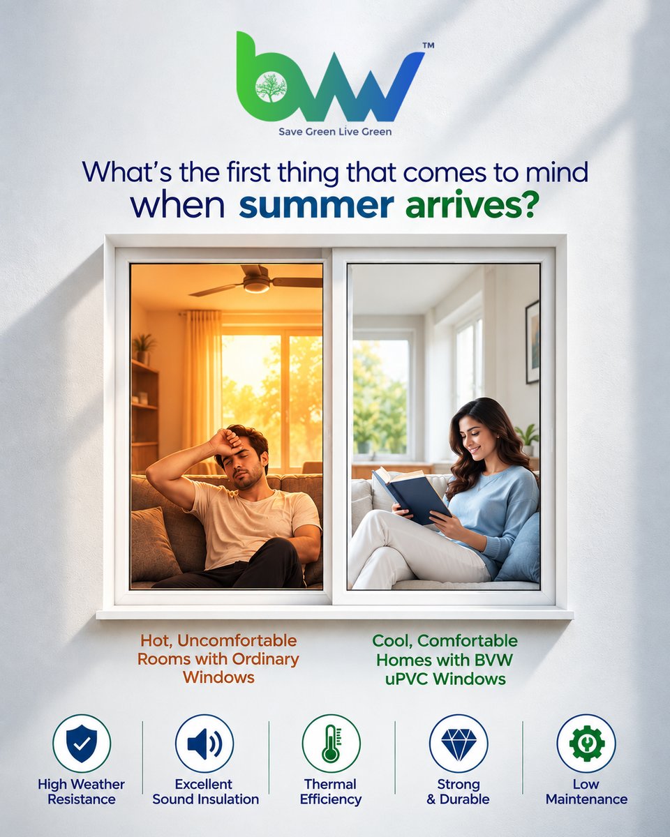 BvwIndia's tweet photo. ☀️ Keep Your Home Cool &amp; Comfortable, Even in Summer!

✨ Low Maintenance | 💎 Durable | 🌡️ Better Insulation
Upgrade your windows, elevate your home comfort!
📩 DM us today!

#BVW #uPVCWindows #SaveGreenLiveGreen #HomeComfort #uPVC  #uPVCProducts https://t.co/cYHDPfAWAD