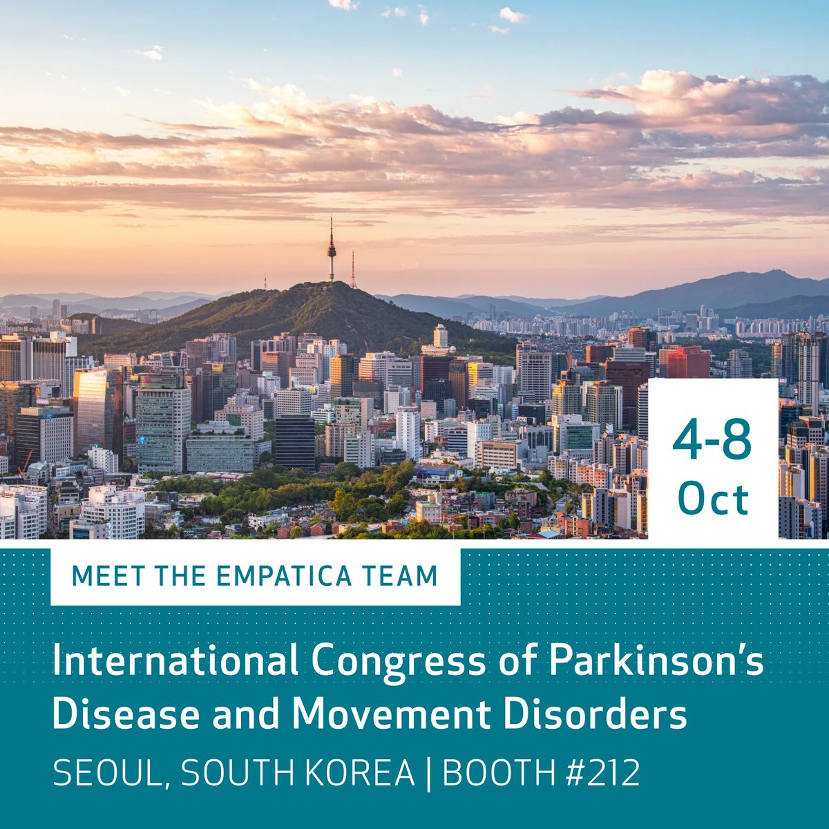 empatica's tweet photo. Excited to join #MDSCongress in Seoul (Oct 4-8), hosted by @movedisorder! Visit booth #212 to learn more about our Parkinson's monitoring solution, part of the Empatica Health Monitoring Platform, built for continuous, real-world insight into #Parkinsons. https://t.co/GlzrKejPr2