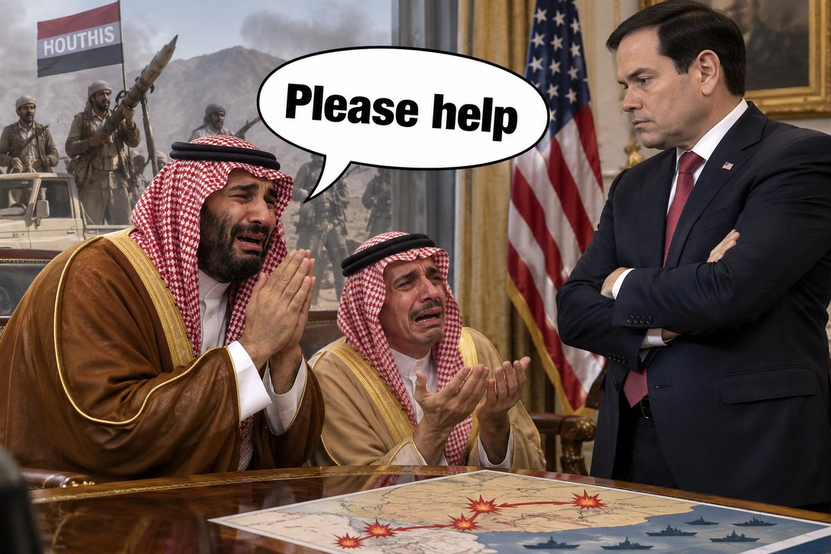 WillieMObiano's tweet photo. The Houthis are coming, and the Saudis are crying for help.

MBS diplomacy has gone full circle: USA → Turkey &amp; Pakistan → Israel → Russia &amp; China → back to the USA.

The self-proclaimed “mightiest army” in the Middle East is looking more like a paper tiger. https://t.co/lsXIgOqzm8