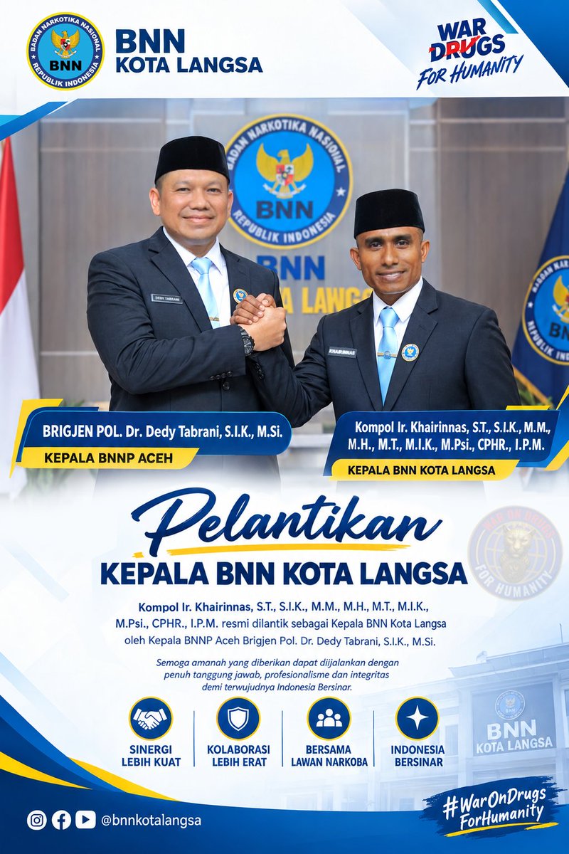 Infobnnk_langsa's tweet photo. SELAMAT &amp; SUKSES ATAS PELANTIKAN KEPALA BNN KOTA LANGSA

Kompol Ir. Khairinnas, S.T., S.I.K., M.M., M.H., M.T., M.I.K., M.Psi., CPHR., I.P.M.

atas pelantikan sebagai Kepala BNN Kota Langsa oleh Kepala BNNP Aceh, Brigjen Pol. Dr. Dedy Tabrani, 

#BNNKotaLangsa #BNNPaceh #BNN https://t.co/YfTDCnzdVQ