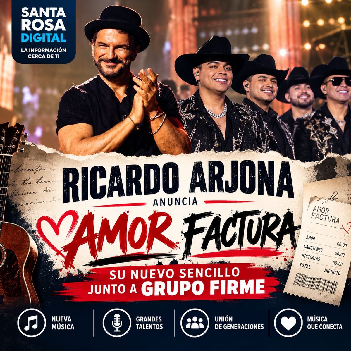 SantaRosaDgt's tweet photo. 🇬🇹🎵 RICARDO ARJONA ANUNCIA NUEVO SENCILLO JUNTO A GRUPO FIRME

El cantautor guatemalteco Ricardo Arjona anunció “Amor Factura”, una colaboración con Grupo Firme que será estrenada mundialmente este 1 de octubre. https://t.co/OEK20ThYtf