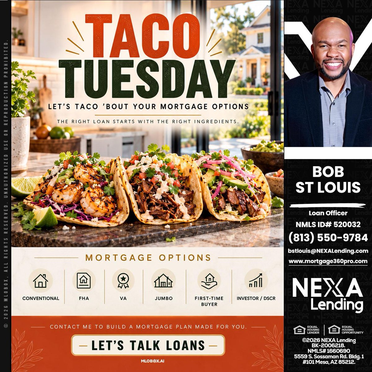 bobstlouis's tweet photo. It’s Taco Tuesday! 🌮 Let’s taco 'bout your mortgage options and find the best fit for your needs. Reach out and let’s get started! 🏡 #MortgageOptions #TacoTuesday #LetsTalkLoans

 📧 info@mortgage360pro.com

 📞 813-550-9784 https://t.co/VBXyp8dzCn