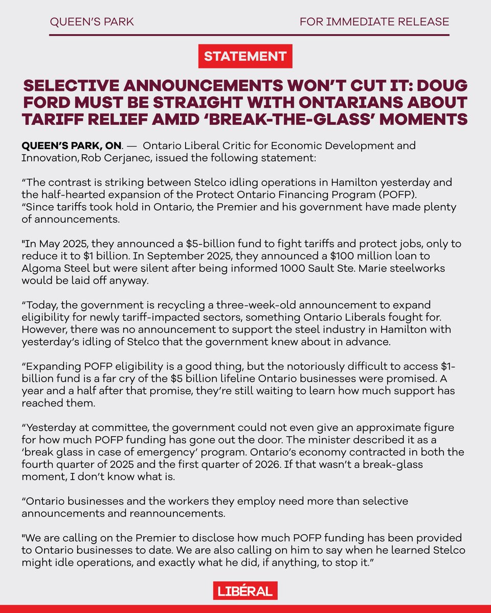 OntLiberal's tweet photo. Up to 500 steelworkers are facing layoffs as Stelco idles operations in Hamilton.

Doug Ford’s government knew this was coming, just as they did with Crown Royal and Algoma Steel. But they won’t say when they knew, what they did to prevent the job losses, or how much support has actually gone out the door.

They announced a $5-billion Protect Ontario Financing Program, cut it to $1 billion, and then made it virtually impossible to access.

If the government knows layoffs are coming but can’t show what it’s doing to protect those jobs, Ontarians deserve to ask: What is this program actually protecting?

#onpoli