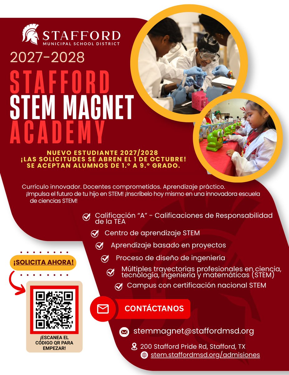 StaffordMSD's tweet photo. 📣APPLICATIONS OPEN SOON! 📣

Stafford MSD STEM Magnet Academy new student applications open October 1st!

#StaffordSpartans #staffordmsd #SpartanPride https://t.co/qEqE7MIEHH