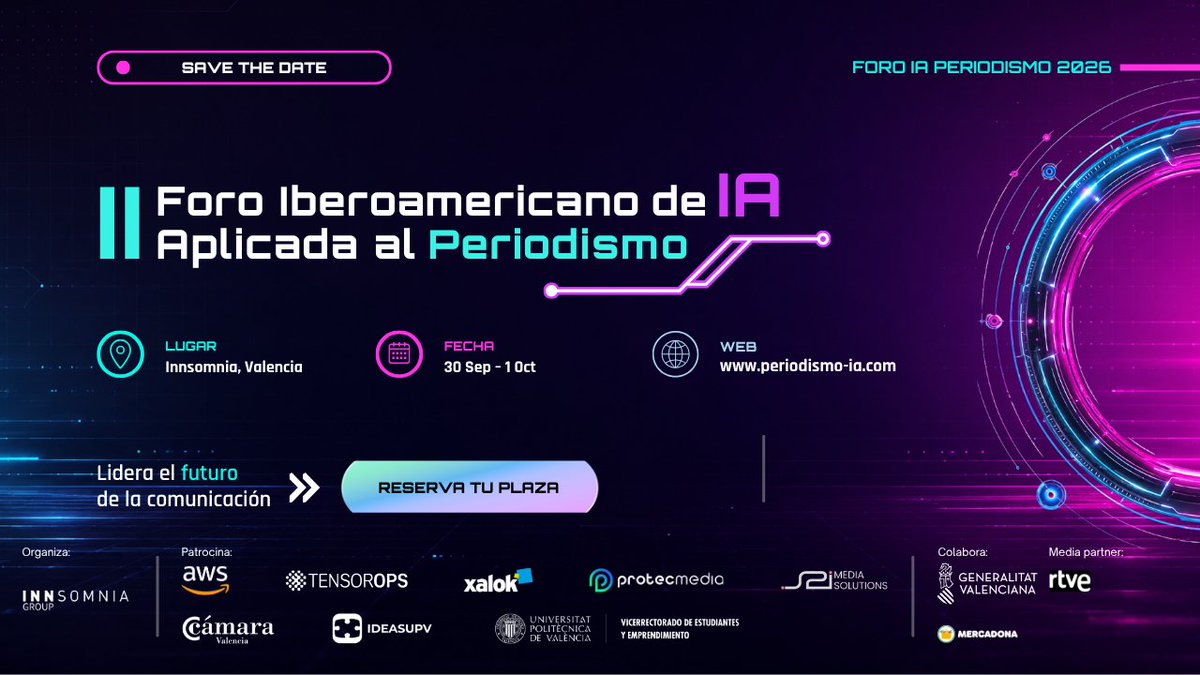 Inn_Somnia's tweet photo. Mañana sigue el streaming del II Foro Iberoamericano de IA Aplicada al Periodismo desde https://t.co/oK3SaTGl0q 💻
🗓️30 de septiembre y 1 de octubre
🕘9.00h https://t.co/na8cBjhw0C