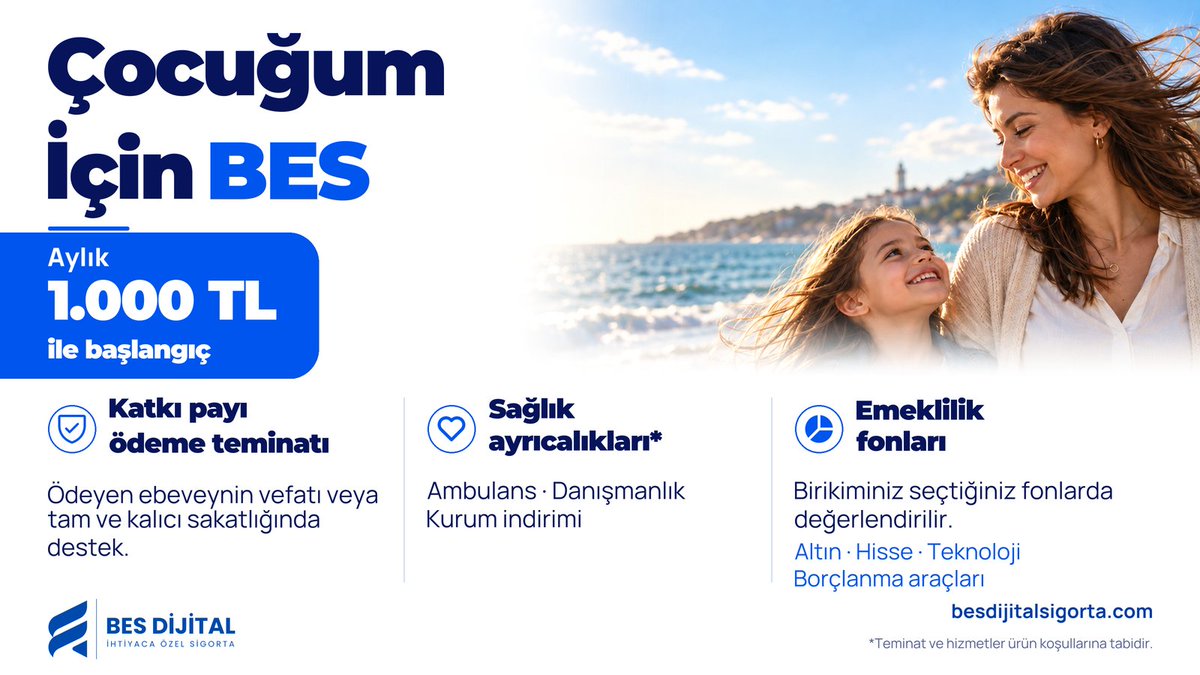 besdijitalsgrta's tweet photo. Çocuğunuzun geleceği için bugünden bir adım atın. Çocuğum İçin BES ile aylık 1.000 TL’den başlayan ödemelerle birikime ba��layın. Ödeme seçenekleri, katkı payı ödeme teminatı ve sağlık ayrıcalıkları bu dizide.

#ÇocuğumİçinBES https://t.co/H1wYBCySTp