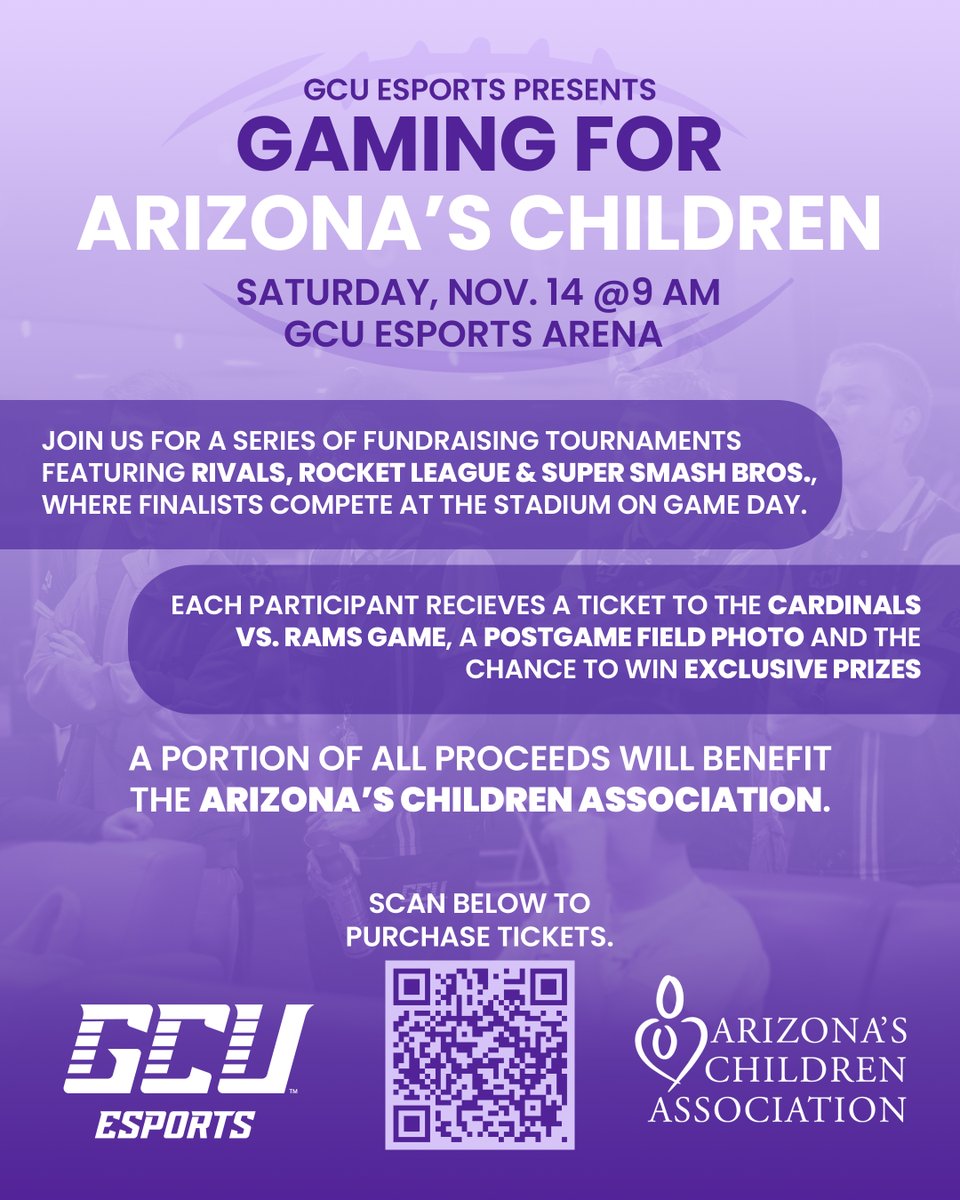 Esports_GCU's tweet photo. WE’RE HEADED BACK TO THE STADIUM🏟️🎮

Gaming for Arizona’s Children returns Nov. 14–15!
Start at GCU. Earn your spot in the finals at State Farm Stadium. Play in support of Arizona’s Children Association💜

Link: https://t.co/jaRfqPakub

#GCUEsports #LopesUp @AZChild @AZCardinals https://t.co/5ms83iOHYy