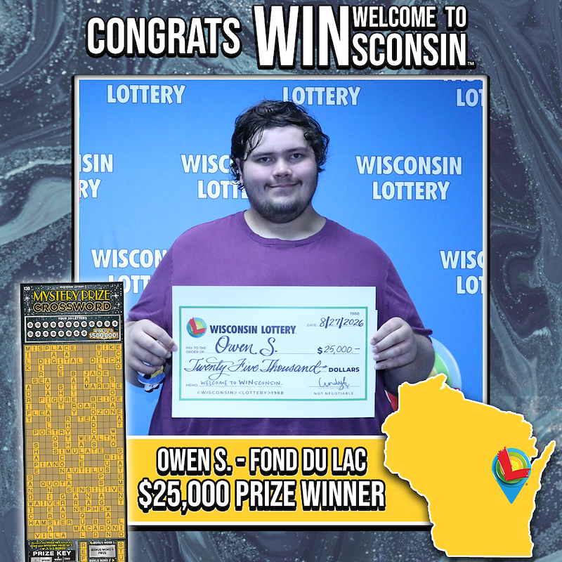 wilottery's tweet photo. Owen S. can officially scratch "solve a Mystery Prize Crossword" off the list.

His scratch ticket from the R-Store on 565 N. Pioneer Rd. in #FondDuLac delivered a $25,000 win.

No pencil. No eraser. Just one very happy solution.

Mystery Prize Crossword has one $500,000 top prize remaining.

Congrats Owen on your win. #WelcomeToWINsconsin

Learn more about Mystery Prize Crossword at https://t.co/syfa2G4fL5.

#WiscoWinner